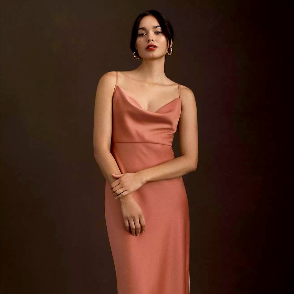 BHLDN Cali Satin Cowl-Neck Midi Slip Dress, Sedona, Size 4